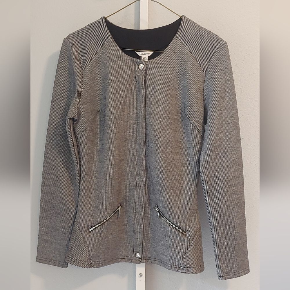 Calvin Klein Fitted Zip-up Jacket Sz S Black & Gray Stripes